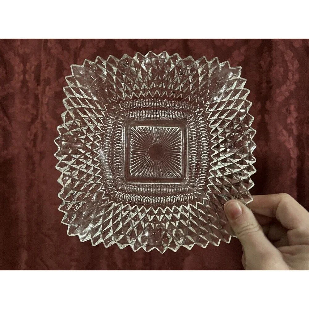 Set of 3 INDIANA GLASS Bowls Square Ruffle Diamond Point Candy Nut Dish Clear